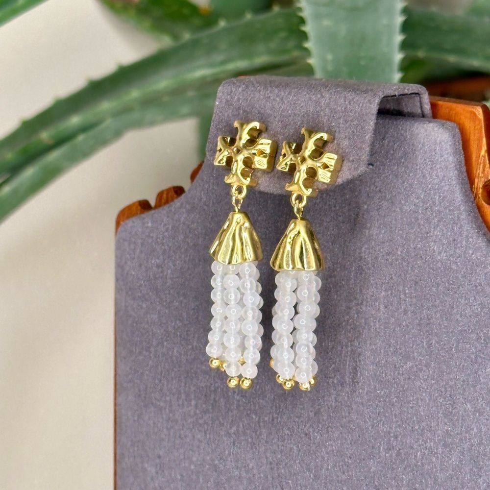 Tory Burch Roxanne Tassel Earrings Gold-Plated Brass Clear Beaded Drop 2.25” - Picture 2 of 8